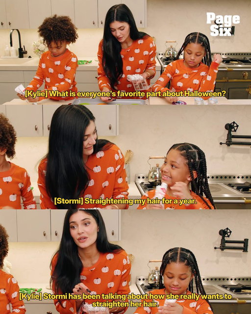 Kylie Jenner reveals how she's "not into the idea" of her daughter Stormi straightening her hair, but will allow it for Halloween and her birthday. 🎀

📸: YouTube/Kylie Jenner 