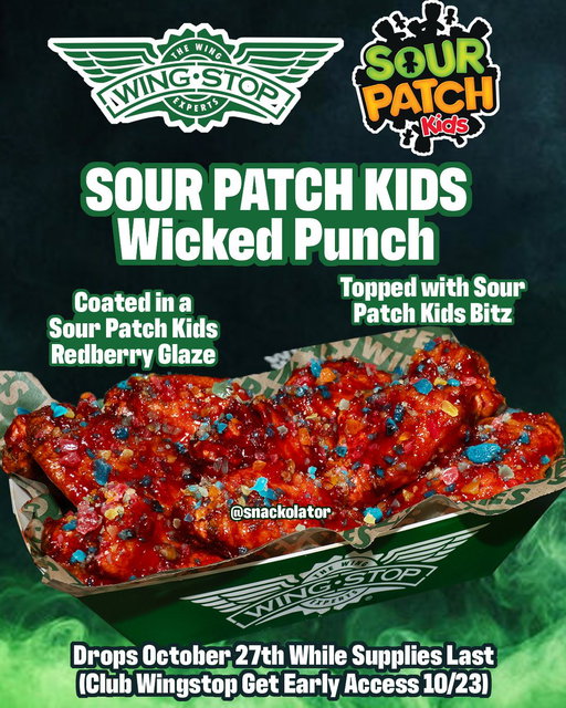 Wingstop just SNAPPED with a new Sour Patch Kids flavor that is topped with... Sour Patch Kids Bitz?!

The new Wicked Punch flavor drops on October 27th for Halloween and features a Sour Patch Kids Redberry Glaze that is topped with candy Bitz.

If you're a Club @wingstop member you can get early access on the 23rd.

I'll have a review up soon because I cannot pass this one up, but I have so many questions.

Are you trying the Wingstop x @SourPatchKids collab?

#wingstop #fastfood #sourpatchkids #wings #foodlover