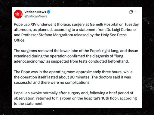 The Vatican announced Tuesday the 71-year-old pontiff underwent surgery at Rome's Gemelli Hospital, where doctors removed the lower lobe of his right lung after discovering a suspicious growth. 