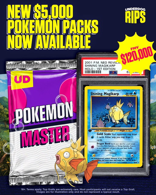 🚨 NEW PACK DROP 🚨

Our $5,000 Pokémon Master packs with Top Grails worth up to $120,000 are now live! 

https://play.underdogsports.com/vgwg/0gb5w7g0 