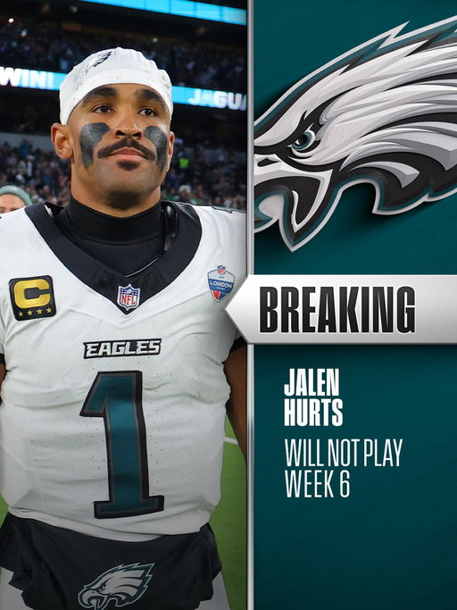 Eagles announce QB Jalen Hurts has "superficial blood clot" will miss Sunday's game vs. Panthers. 