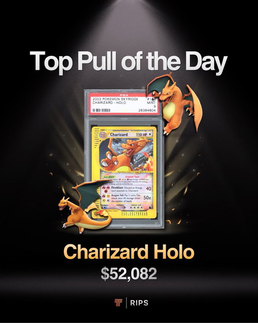 Charizard Holo, 2003 Skyridge, PSA 9 valued at $52,082 was pulled from a $5,000 Master Pack Today! 🔥 