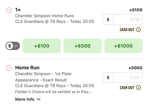 Do I 

A) take Chandler Simpson to homer at +5100

B) take Chandler Simpson to homer at +5000 but it has to be his first plate appearance

DraftKings makes it so hard 

TOUGH one here 

(Not betting this) 