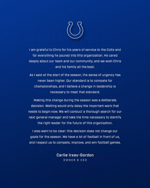 We have relieved Chris Ballard of his duties as General Manager. 