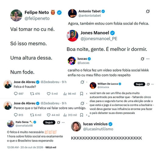 "🚨VEJA: 🗣️ Retorno de Felca ao YouTube após 1 ano sem publicar novos vídeos frustra famosos que esperavam um posicionamento contra Flávio Bolsonaro e favorável a Lula no 2º turno das eleições."

O @senaitalo98 tomando das tias do zap Kkkkkkkkkkkkkkk 