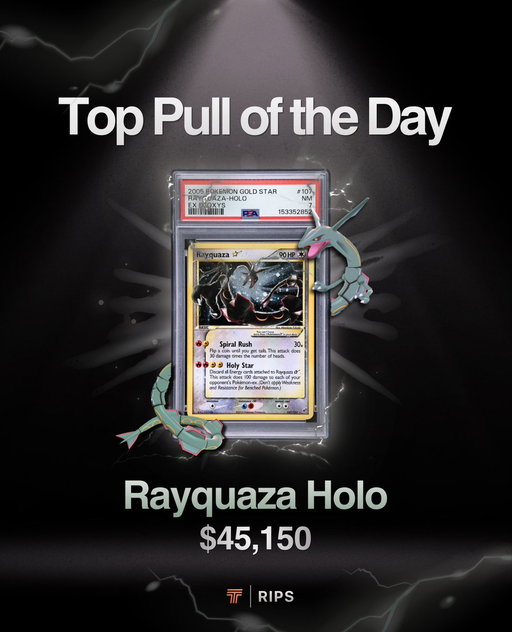 Rayquaza Holo, 2005 EX Deoxys, PSA 7 valued at $45,150 was pulled from a $5,000 Master Pack today! 👀 