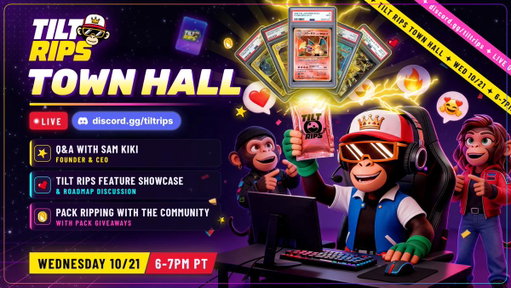 Our first-ever Town Hall is TOMORROW! 🚨

Wednesday 10/21 | 6-7 PM PT
Live in our Discord with founder @senortilt 

🎙️ Live Q&amp;A with Sam
🛠️ Feature showcase + roadmap
📦 Community pack rips + pack giveaways

Not in the Discord yet? Join here 👇
https://discord.gg/tiltrips 