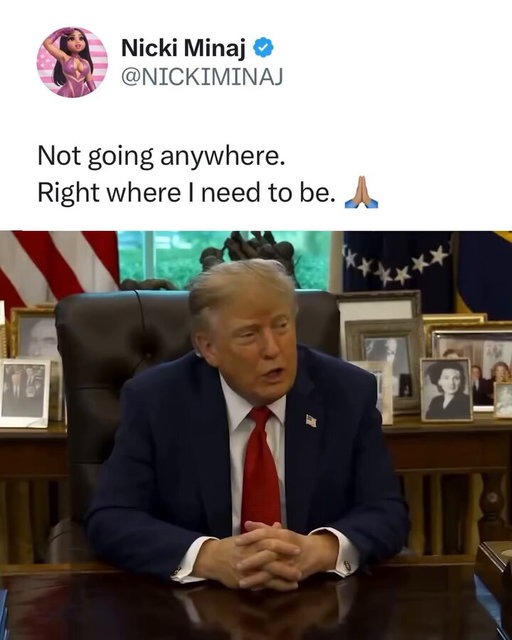 Nicki Minaj is standing firm in her support for Donald Trump after the president gave her a warm welcome at the White House during the Million Dollar Pitch Competition.

The competition features entrepreneurs pitching their businesses for a share of $1 million, with Nicki serving as one of the judges.

“There she is, my favorite,” Trump said as Nicki entered the Oval Office. “She’s been with me for a long time, I won’t say how long.”

Nicki later responded to the clip on X (Oct. 20), writing, “Not going anywhere. Right where I need to be. 🙏🏽”