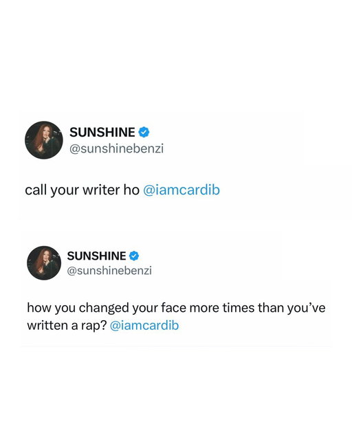 Cardi B tells fans during a Spaces conversation on X to take their energy to Trim and “the white big b*tch,” appearing to refer to Sunshine Benzi, after Cardi didn’t name Nicki Minaj as one of her inspirations.

Sunshine Benzi later fired back, telling Cardi “Call your writer h*” and “How you changed your face more times than you’ve written a rap?”