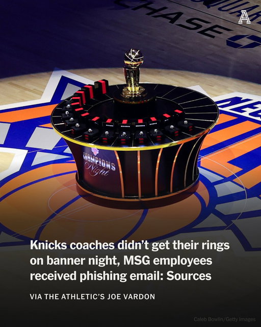 The Knicks' assistant coaches did not receive their championship rings during Tuesday's ceremony, despite being handed ring boxes, according to league sources.

Many longtime employees at Madison Square Garden will not receive rings at all, per team sources.

Those employees got their hopes up in late September, when they were sent a fake championship ring offer as part of a phishing test.

https://nyti.ms/4jB0yvR