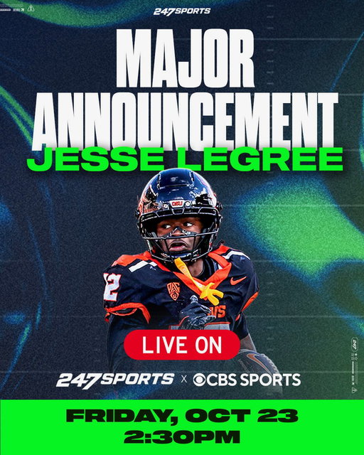NEWS: Oregon State star WR Jesse Legree will be making a major announcement LIVE with 247Sports and CBS Sports today at 2:30 PM ET 🚨

📺 STREAM LIVE: https://youtube.com/live/agpizVyDKag 
