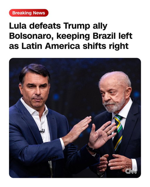 Brazilian President Luiz Inácio Lula da Silva has won reelection, defeating Senator Flávio Bolsonaro, an ally of President Donald Trump, in a razor-thin race that capped a deeply polarized presidential race. https://t.co/eHDQPdSIL3 