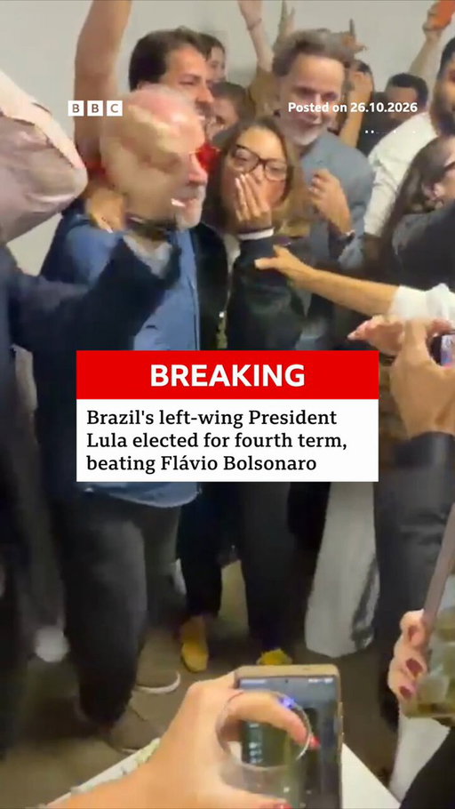Brazil's left-wing President Lula has celebrated with his family and allies, after being elected for a fourth term. 

He defeated Flávio Bolsonaro - the son of imprisoned former president Jair Bolsonaro. Read more: https://t.co/D5pszSHHSA 