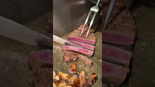 Perfect filet mignon on a teppanyaki grill from Ousaka Wagyu Teppanyaki restaurant in Japan