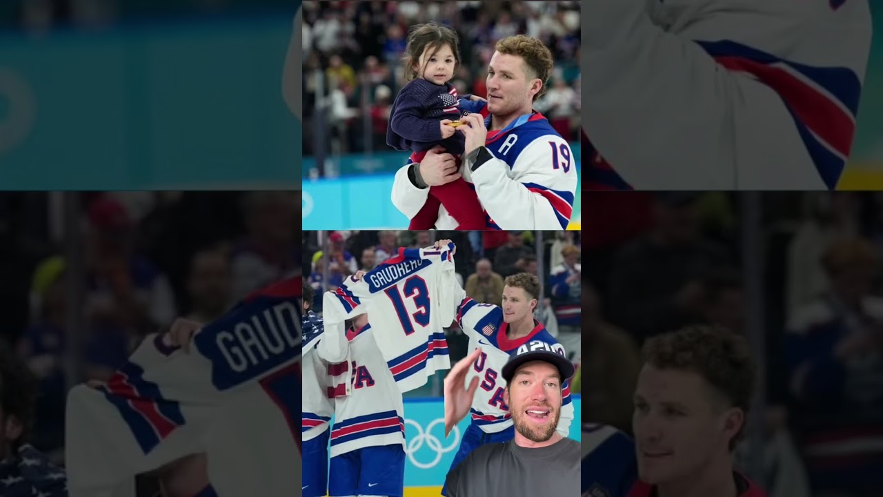 Team USA honoring Johnny Gaudreau after winning hockey Olympic Gold, w/ children & jersey