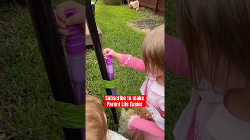 Bubble wand hack for toddlers, no spills, tape to a pole for mess free play! #momhack #toddlerlife