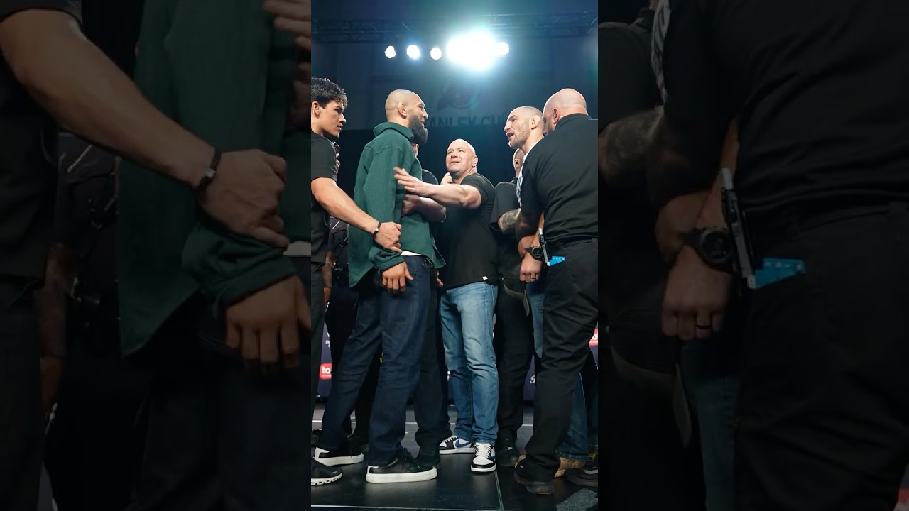 Clima quente na encarada entre Khamzat Chimaev e Sean Strickland na coletiva do #UFC328! 😳