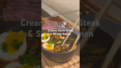 Creamy garlic steak and shrimp ramen #outdoorcooking #blackstone #steak