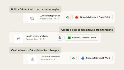 Claude works with you on slides, spreadsheets, and contract redlines
