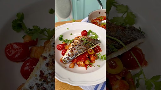 Pan-fried Seabass with a Spicy Chickpea & Cherry Tomato Stew
