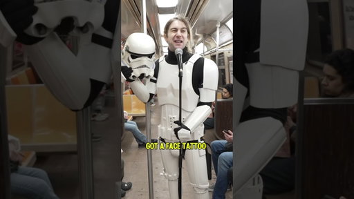 A stormtrooper does stand up on the subway. #starwars