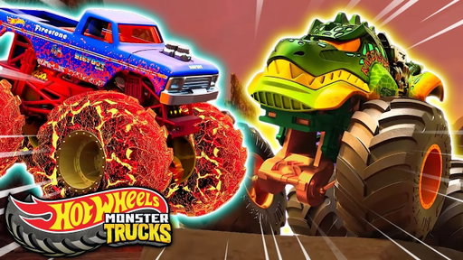 Team Dino Muscles Up to Beat Team Shark! | "Sharks vs. Dinos" PART 6 | Hot Wheels Monster Trucks