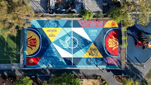 Reimagined Rainbow Recreation Center Futsal Court Featuring Shepard Fairey Mural