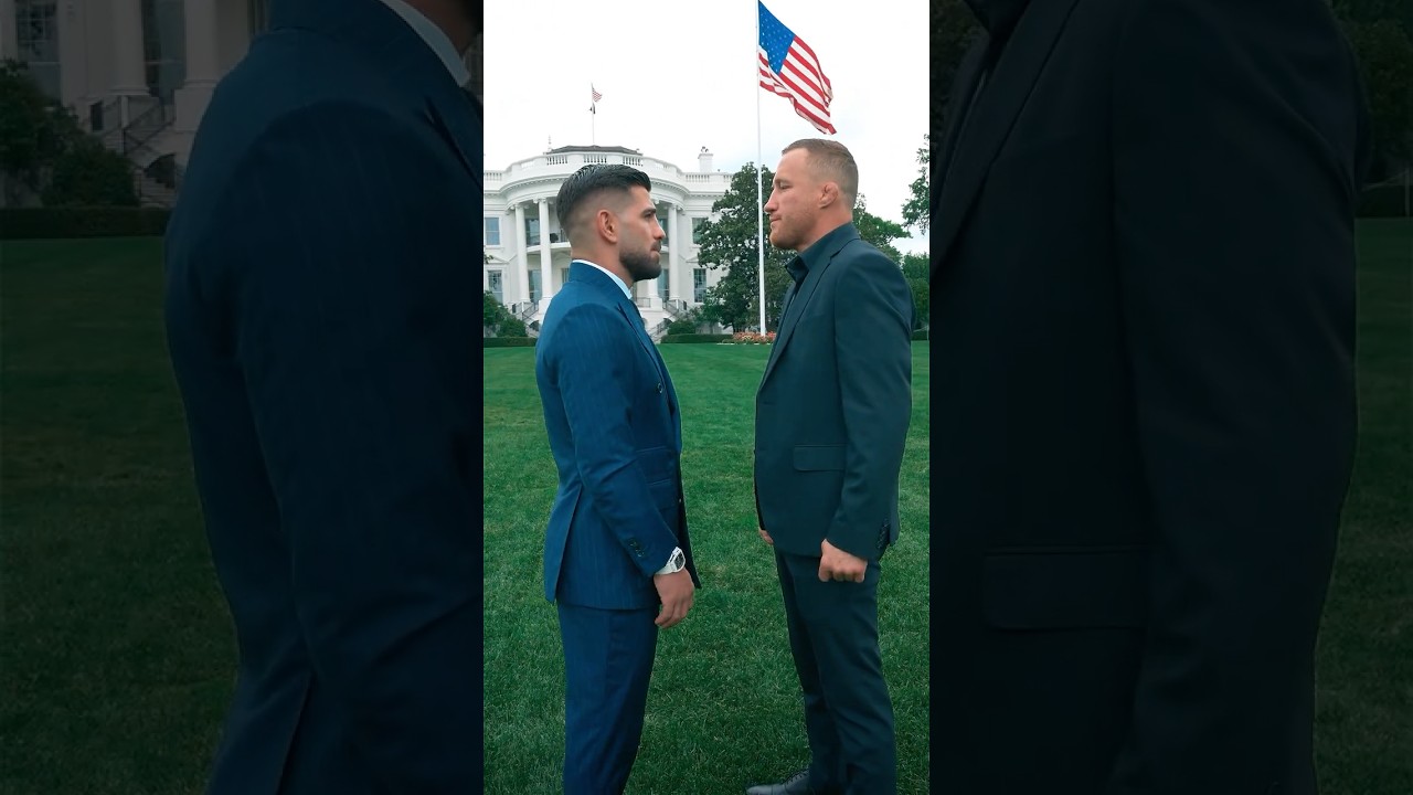 Frente a frente na Casa Branca! A encarada entre Ilia Topuria e Justin Gaethje! 💪 #UFCWhiteHouse