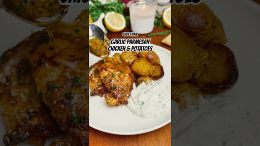 Sheet Pan Garlic Parmesan Chicken & Potatoes 🧄(Full recipe in description & comments)
